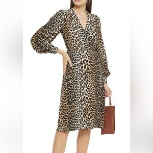 GANNI Leopard Print Silk Blend Wrap Dress EU 38